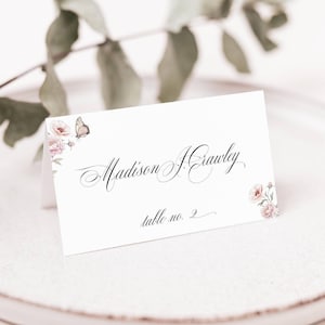 Cartão de lugar de jardim floral rosa, modelo de script de nome de convidado, assentos de mesa de casamento formal, plano dobrado para impressão, DOWNLOAD INSTANTÂNEO, QUA19