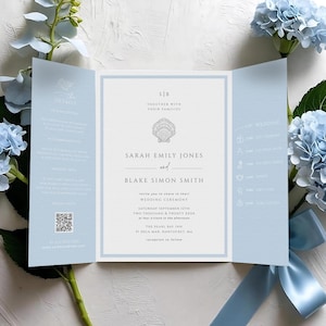 Invitación tropical desplegable, invitación de boda azul polvoriento, plantilla de abuela costera, arte lineal de conchas, tarjeta de dinero antiguo, descarga instantánea, miércoles 25