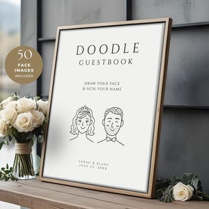 Puede incluir: Un letrero enmarcado de "Doodle Guestbook" con un dibujo de una pareja, invitando a los invitados a dibujar sus caras y firmar sus nombres. El letrero está sobre una mesa de madera con un ramo de rosas blancas. El letrero incluye el texto "50 FACE IMAGES INCLUDED".