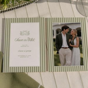 Save the Date Old Money, Country Club Template, Swan Wedding Invite, Classic and Formal, Olive Sage Green Stripe, INSTANT DOWNLOAD, WED52