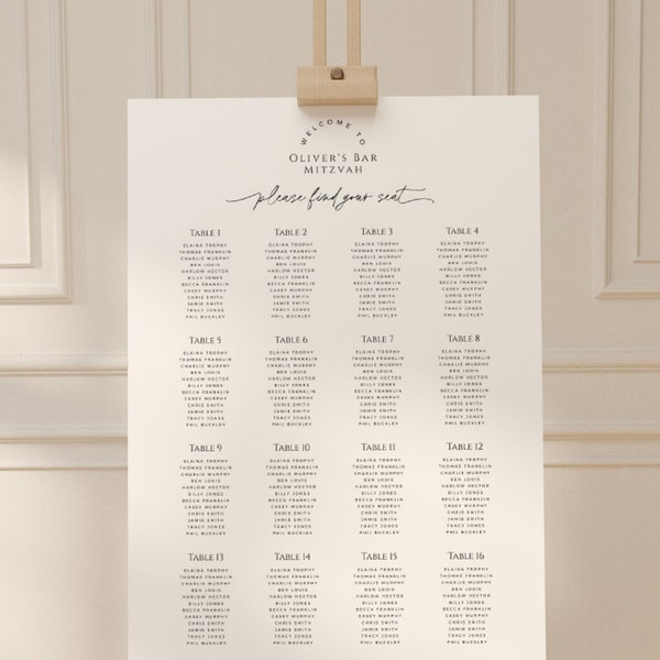 Bar Mitzvah Seating Chart, Table Numbers Seat Board Plan, Printable Party Sign Template, 24x36, 20x30, 18x24, INSTANT DOWNLOAD, White, BAR09