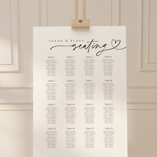 Wedding Seating Chart 16 Tables, Editable Table Number Seat Plan, Printable Sign Board, 24x36, 20x30, 18x24, INSTANT DOWNLOAD, White, WED04