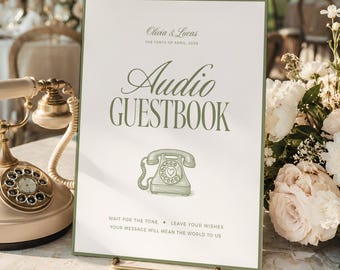 Old Money Audio Guestbook Sign, Wedding Guest Book Alternative Sign Template, Leave A Message, Olive Green, INSTANT DOWNLOAD, WED54