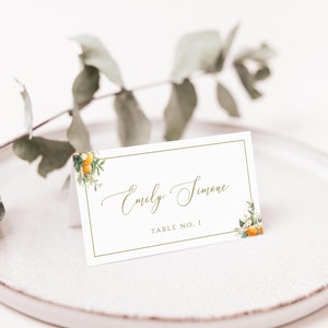 Tarjeta con nombre y lugar para la mesa, tarjetas de invitados con cítricos para imprimir, plantilla para asientos de bodas de destino, imprimible, doblada, descarga instantánea, WED15