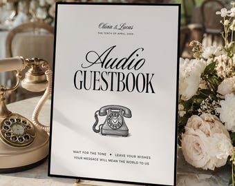 Old Money Audio Guestbook Sign, Wedding Guest Book Alternative Sign Template, Leave A Message, Black and White, INSTANT DOWNLOAD, WED55