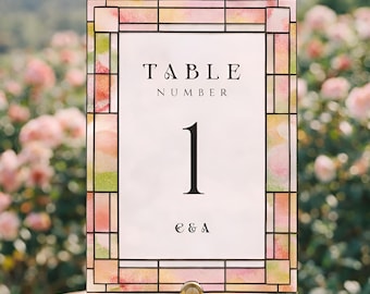 Faux Stained Glass Table Number Template, Painted Acrylic Wedding Sign, Printable Gothic Church, Floral Art Nouveau, DIY, WED43