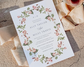 Sage Green and Pink Wedding Invitation, Soft Pastel Garden Invite, English Rose Template, Pastel Summer, Spring Floral Cottage, WED36