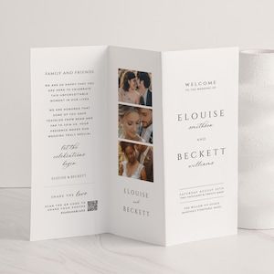 Puede incluir: Una invitación de boda blanca plegada en tres paneles, con los nombres "ELOUISE smithson Y BECKETT williams" impresos en la parte delantera. La invitación incluye fotos y texto, con las palabras "Familia y Amigos" y "Bienvenida a la Boda de".