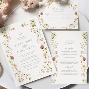 Invitación de flores silvestres, invitación de boda con un jardín encantador, plantilla en tonos pastel suaves, acuarela rosa y verde editable, descarga instantánea, miércoles 28