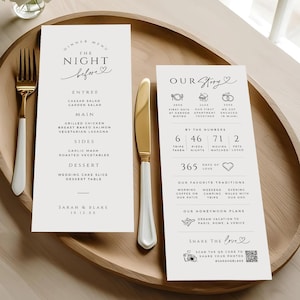Modèle de menu de dîner de répétition, panneau The Night Before Table, fait divers infographie, carte de couvert pour icônes, TÉLÉCHARGEMENT IMMÉDIAT, blanc, MER04