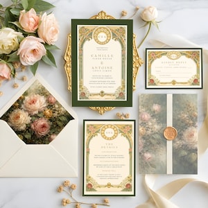 May include: A wedding invitation suite with a main invitation, reply card, details card, and floral envelope. The main invitation is framed in gold with the names Camille & Antoine. The suite features a floral design and a wax seal.