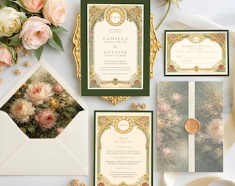 May include: An elegant wedding invitation suite featuring a main invitation, reply card, details card, and a floral envelope. The main invitation is framed in gold with the names Camille & Antoine. The suite includes a floral design and a wax seal.