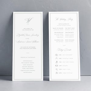 May include: Two wedding programs with a gray border and text. The left program welcomes guests to the wedding of Elizabeth Train Somberg and Anderson Simon Williams. The right program lists the wedding party and schedule.