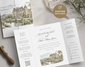 Custom Venue Gatefold Invitation, Watercolor Folded Illustrated Invite, Venue Envelope Liner, Personalized Sketch, Formal Script, CUS01