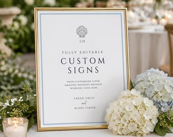 Coastal Wedding Sign, Beach Bar Sign Template, Shell Favor Note, Editable Tropical Reception Welcome, Dusty Blue, INSTANT DOWNLOAD, WED23