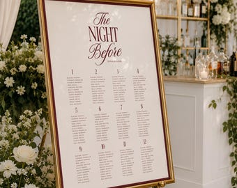 Burgundy Old Money Rehearsal Dinner Seating Chart, The Night Before Sign Template, Printable Retro Seat Table Plan, INSTANT DOWNLOAD, WED54