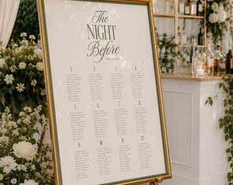 Green Old Money Rehearsal Dinner Seating Chart, The Night Before Sign Template, Printable Retro Seat Table Plan, INSTANT DOWNLOAD, WED53