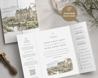 Custom Venue Gatefold Invitation, Watercolor Folded Illustrated Invite, Venue Envelope Liner, Personalized Sketch Portrait, Monogram, CUS01