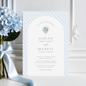 Blue Hydrangea Wedding Invitation, Vintage Coastal Invite, Elegant Nautical Template, Garden Party, Retro Stripe, INSTANT DOWNLOAD, WED34