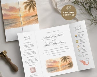 Custom Destination Wedding Gatefold Invitation, Folded Illustrated Invite, Venue Envelope Liner, Beach Themed Invite, Watercolor Icon, CUS02