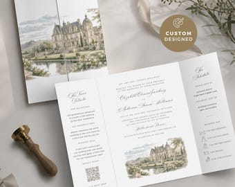 Custom Gatefold Invitation Venue, Folded Watercolor Invite, Illustrated Venue Envelope Liner, Personalized Destination Sketch, Script, CUS01