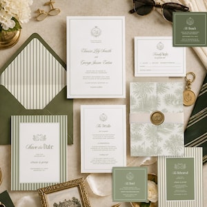 Old Money Wedding Invitation Suite Template Olive Green, Swan Invite Bundle, Country Club, Traditional Sage Crest, INSTANT DOWNLOAD, WED52