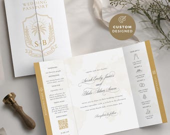 Custom Passport Wedding Gatefold Invitation, RSVP QR Code, Watercolor Map Envelope Liner,  Destination Wedding Travel, Gold, Beach, CUS01