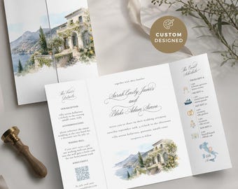 Custom Gatefold Invitation Venue, Folded Wedding Invite, Illustrated Envelope Liner, Amalfi Coast Italian, Watercolor Icon, Printable, CUS02
