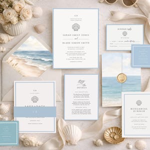 Coastal Wedding Invitation Suite, Summer Beach QR Code, Dusty Blue Envelope Liner, Nautical Minimalist Monogram, INSTANT DOWNLOAD, WED23