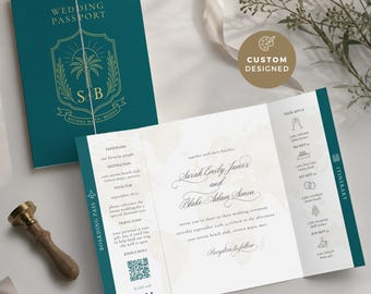 Custom Passport Wedding Gatefold Invitation, RSVP QR Code, Watercolor Map Envelope Liner,  Destination Wedding Travel, Teal, Beach, CUS01