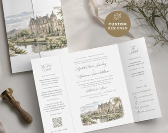 Custom Gatefold Invitation Venue, Folded Watercolor Invite, Illustrated Venue Envelope Liner, Personalized Sketch, Formal Script, CUS01