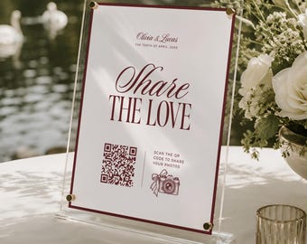 Old Money Share the Love QR Code Sign, Wedding QR Template, Capture the Love Photo Sign, Camera Icon, Burgundy, Instant DOWNLOAD, WED53