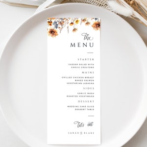 Menu de mariage orange brûlé, couvert imprimable fleurs sauvages, permet de manger le dîner de mariage, modèle floral d'automne rustique, téléchargement immédiat, MER10
