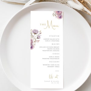Menu de mariage lilas, modèle violet et or, carte de menu imprimable lavande, signe de table à dîner floral aquarelle, téléchargement immédiat, MER09