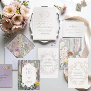 Puede incluir: Conjunto de papelería de boda elegante con invitaciones, tarjetas de confirmación y una tarjeta "Save the Date". El conjunto presenta un diseño floral y se complementa con un ramo de flores rosas y melocotón, sobre una superficie blanca.