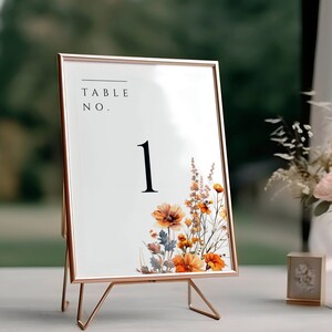 Numéros de table orange brûlé, modèle de numéro de fleurs sauvages, carte de mariage d'automne rustique, signe de siège de réception imprimable, TÉLÉCHARGEMENT IMMÉDIAT, MER10