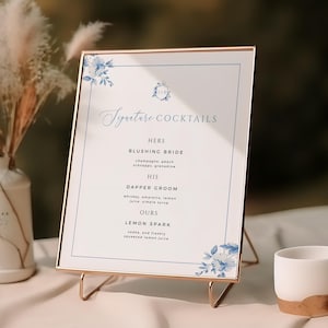 Toile Bar Sign, Dusty Blue Wedding Signature Drink, Vintage Floral Editable Menu, Printable Chinoiserie Garden, INSTANT DOWNLOAD, WED14