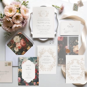 May include: Wedding stationery set featuring floral designs and elegant calligraphy. Includes invitations, RSVP cards, and a "Save the Date" card. A bouquet of pink and cream flowers and a ribbon add to the romantic theme.