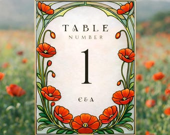 Faux Stained Glass Table Number Template, Painted Acrylic Wedding Sign, Printable Enchanted Forest, Floral Art Nouveau, Poppies, DIY, WED43