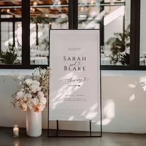 Wedding Direction Sign Template, This Way Welcome Poster, Minimal Elegant Ceremony, Editable Arrow Signage, INSTANT DOWNLOAD, White, WED04