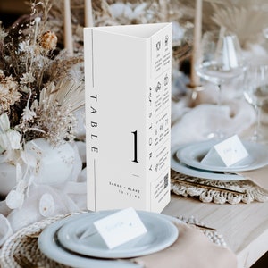 Trifold Hochzeit Tischnummer, Minimalist Triangle Stand Menü, QR Code Infografik Fun Fact, Klappkarten Vorlage, SOFORT DOWNLOAD, WED08