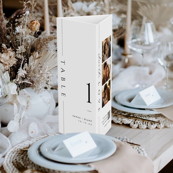 Trifold Wedding Table Number, Minimalist Triangle Stand Menu, Printable QR Code With Photo, Folded Cards Template, INSTANT DOWNLOAD, WED08