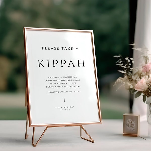 Kippot Sign for Bat Mitzvah, Minimalist Jewish Wedding Kippah Basket, Modern Printable Yarmulke Table Box, INSTANT DOWNLOAD, White, BAT06