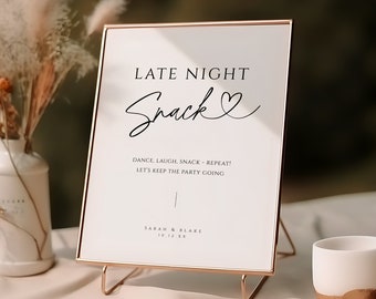 Late Night Snack Wedding Sign, Minimal Printable Food Station Table Signage, Dessert Bar Editable Template, INSTANT DOWNLOAD, White, WED04