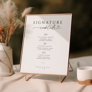 Signe de boisson signature His Hers Ours, modèle imprimable de trois cocktails de mariage, menu modifiable de bar pour couples minimalistes, téléchargement immédiat, MER04