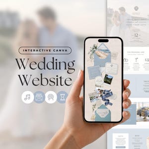 May include: A smartphone displaying an interactive Canva wedding website template. The screen shows a collage of blue envelopes, wedding stationery, photos, and a blue ribbon. The text "INTERACTIVE CANVA Wedding Website" appears on the left.