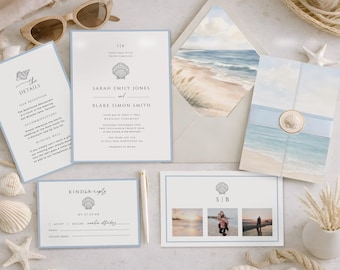 Coastal Wedding Invitation Suite, Summer Beach QR Code, Dusty Blue Envelope Liner, Nautical Minimalist Monogram, INSTANT DOWNLOAD, WED23