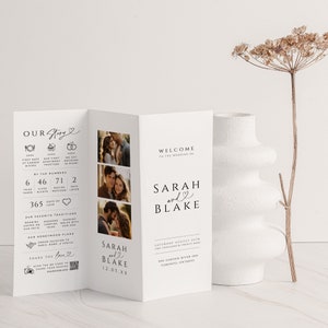 Trifold Hochzeitsprogramm, Infografik Reiseplan, Minimales gefaltetes Herz-Icon-Timeline, QR-Code Foto, SOFORTIGER DOWNLOAD, WED04