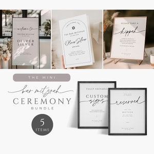 May include: Five printable signs for a Bar Mitzvah ceremony. The signs are black and white with a modern calligraphy font. The signs include "Welcome to the Bar Mitzvah of our son Oliver Silver", "Please take a Kippah", "Fully Editable Custom Signs", "This seat is reserved for the Mother of the Bar Mitzvah Boy", and "The Mini Bar Mitzvah Ceremony Bundle".