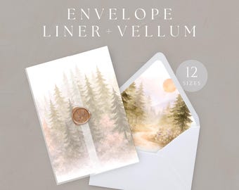 Forest Envelope Liner Template, Watercolor Mountain Vellum Wrap, Printable 5x7, A7 Euro Square Flap, INSTANT DOWNLOAD, Green Purple, WED44